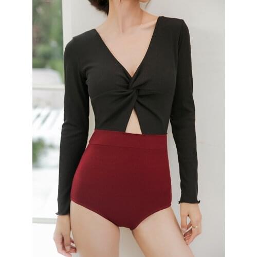 One Piece Swimsuit Sexy Front Twist Spliced Long Sleeve Swimsuit Rash Guard Swimsuit Women 2020 Surfing Bathing Suit