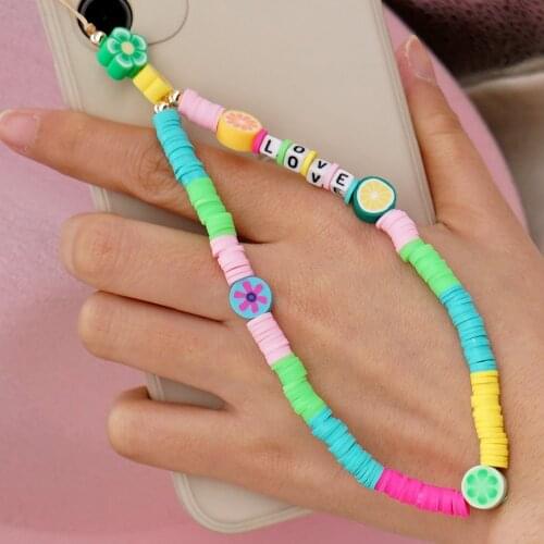Wrist Chain For Phone Holder Summer Beach Phone Chains Cute Fruit Strap Women Colorful Polymer Clay Heishi Beads Lanyard