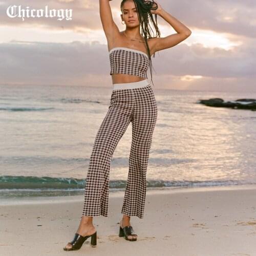 Chicology Plaid 2021 Women Patchwork Crop Tank Top Fashion Streetwear Casual Summer Loose Pants 2 Pieces Sets