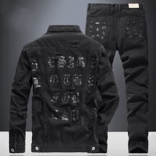 Autumn Black Denim Coat Men Cargo Jeans Loose Fit Hole Ripped Prints Cowboy Jacket Straight Trousers Two Piece Set Oversize