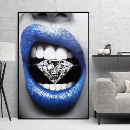 Cuadros Pop Art Sexy Blue Red Lips Diamond Bite Canvas Paintings Prints Wall Pictures for Living Room Home Decor