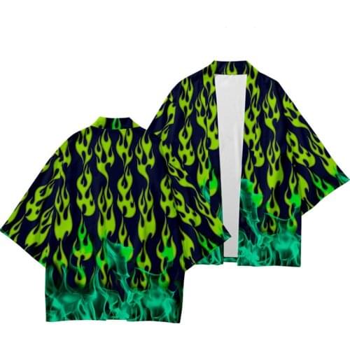 Harajuku Japanese Fashion Kimono Blue Fire Printed Men and Women Cardigan Blouse Haori Obi Asian Clothes Samurai Shirt and Pants