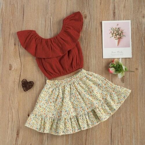 2PCS Toddler Girls Summer 2021 Outfits, Sleeveless Solid Color Ruffle Crop Tops + Ruffles Floral Skirt Set