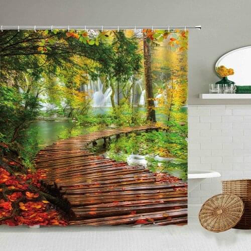 Forest Autumn Scenery Shower Curtain Pier Path Trees Leaves Waterfall Park Natural View Bathroom Wall Decor With Hook Curtains