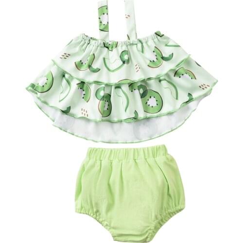 Baby Girls 2Pcs Summer Outfits Cartoon Print Sleeveless Ruffle Tank Tops + Bloomers Clothes Set