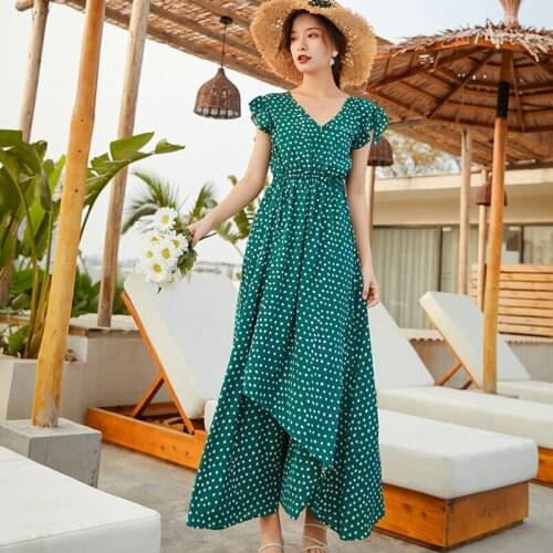 Maxi Chiffon Dot Floral Women Dress Summer 2020 Runway 2020 Elegant Korean Party Dress Long Boho Tropical Beach Vacation Dress