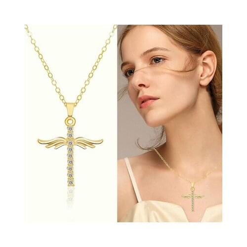 Fashion Exquisite Cross Wings Necklace Gold Silver Color Crystal Jesus Cross Pendant Necklace for Women Jewelry Gift Wholesale