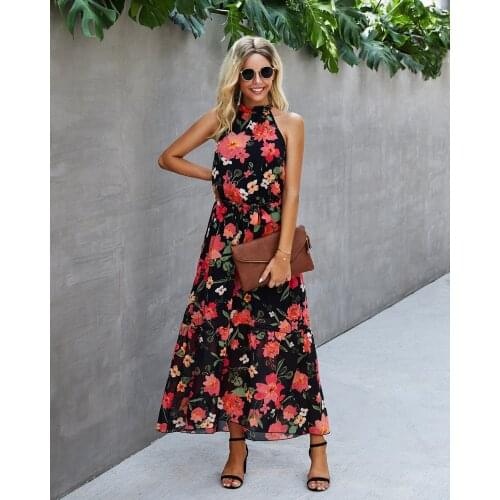 Fashion print constricting waist and revealing back necktie without leader dress