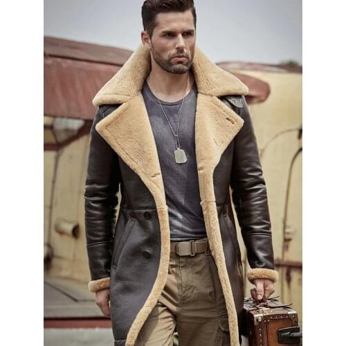 Mens Dark Brown Shearling Jacket B3 Flight Jacket Sheepskin Aviator Long Mens Winter Coats Fur Bomber Leather Jacket
