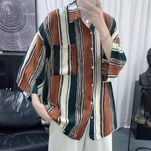 2021 Mens Retro Style Stripe Printing Shirts Short Sleeve Shirts High Quality Camisa Masculina Lapel Collar Clothes M-3XL