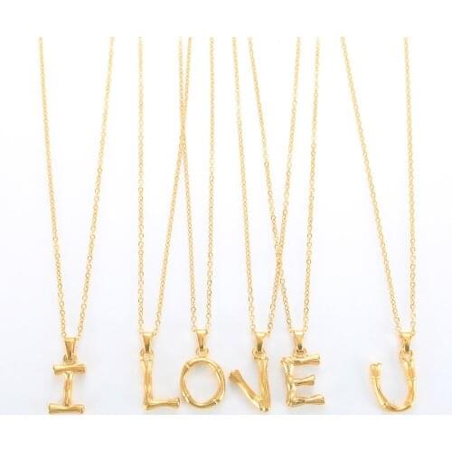 Stainless Steel Initial Alphabet Gold Bamboo Pendant Necklace 26 Letter Necklaces for Women Fashion Link Chain Jewelry Gift