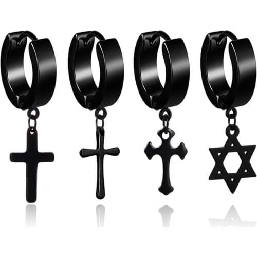 Wholesale Jewelry -- Titanium steel Mens Cross / Six Star Drop Earrings (1pc) Jewelry Black / White
