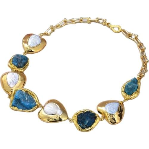 GG Jewelry 22" Natural Pearl Cultured White Heart-Shaped Pearl Blue Apatite gold color Chain choker Necklace Lady Women Jewelry
