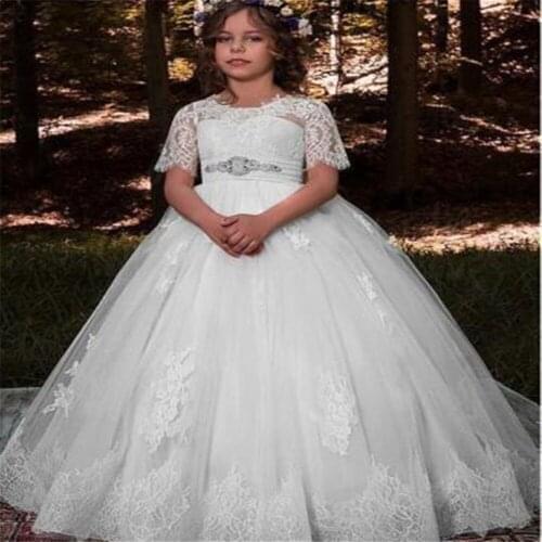 Flower Girl Dresses Beading belt O-neck Fluffy Tulle Half sleeve Lace Applique Ball Gown Custom Made First Holy Communion Dress