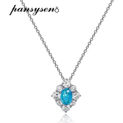 PANSYSEN 100% 925 Sterling Silver Oval Cut Simulated Moissanite Paraiba Tourmaline Gemstone Pendant Necklaces Women Fine Jewelry