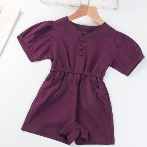 Girls Casual Jumpsuits 2021 New Summer Children Simple Solid Color Clothes Puff Sleeve Kids Baby Pleated Bodysuits For 3-7Y
