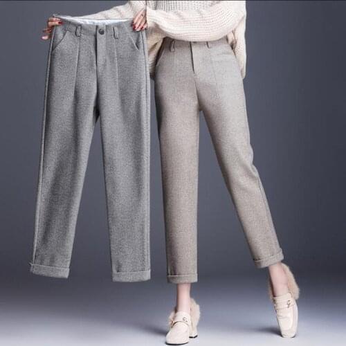 Casual Womens Woolen Harem Pants 2021 Autumn Winter Straight High Waist Loose Ankle-length Pants Office Lady Women Trousers