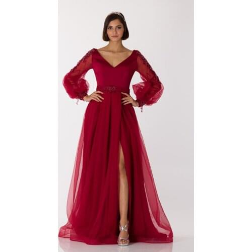 SHECCA (63185) Long Sleeve Tulle V Neck Red Dress