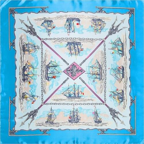POBING 90*90CM Silk Scarf Luxury Brand France Warship Print Bandana Women Silk Foulard Handkerchief Office Lady Neckerchief