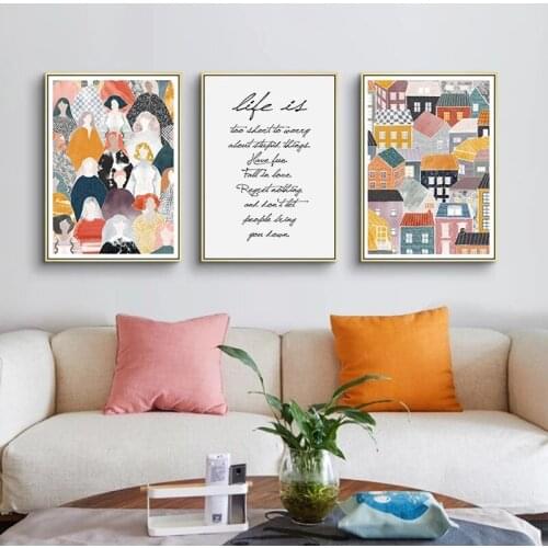 Scandinavian Colorful House Life Scenery Nordic Abstract Wall Art Posters Canvas Painting Pictures for Living Room Home Decor