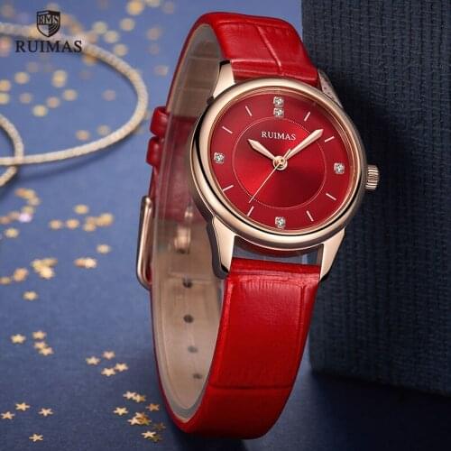 RUIMAS Stylish Genuine Leather Watches Women Ladies Bracelet Quartz Wristwatch Relogios Feminino Top Brand Clock L6779 Red