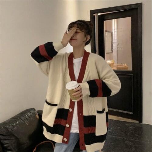 Stitching Long-sleeved Printed Knitted Cardigan Womens Autumn Loose Thick Knitted Cardigan Jacket Simple Wm