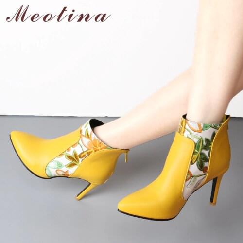 Meotina Shoes Women Boots High Heel Ankle Boots Flower Pointed Toe Stiletto Short Boots Zip Female Footwear White Yellow 45 46
