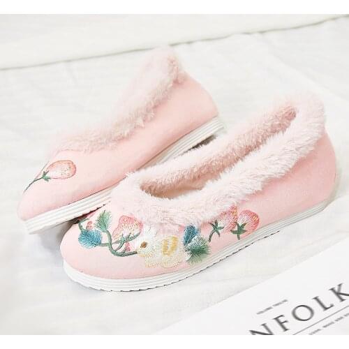 Women Round Toe Canvas Embroidery Floral Rabbit Hanfu Chinese Style Flats Loafer Slip On Fleece Warm Winter Shoes Lolita White