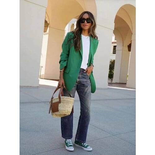 SLMD Stylish Chic 2 Buttons Green Pockets Blazers Women Elegant Fashion Notched Blazer Coat Ladies Office Wear