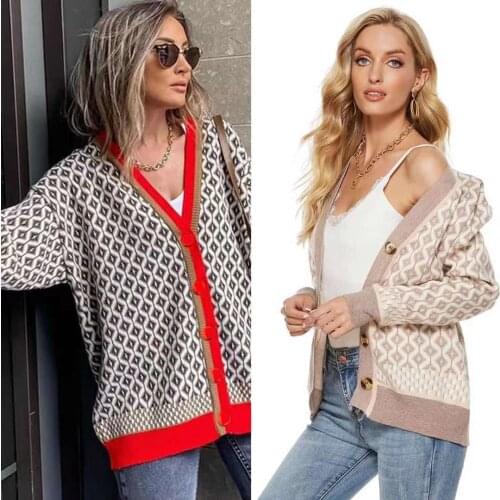 2021 Womens Knitting Cardigans Sweater Diamond Pattern Color Contrast Loose Casual Knitted Cardigan Jacket
