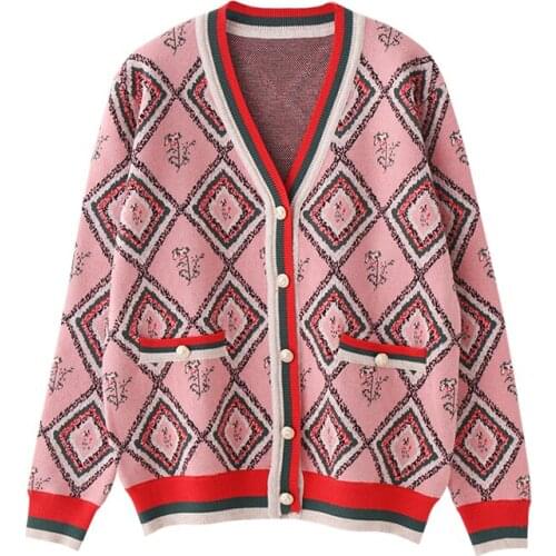 Retro Rhombus Jacquard Knit Sweater Coat 2020 Spring Women Cardigans V-Neck Autumn Winter Women Cardigan Knitted Womens Coats
