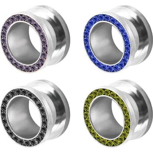 1PCS Surgical Steel Ear Screw Tunnel Plugs Punk Round Black Hollow Body Piercing Stretcher Expander Ear Gauge With Zircon