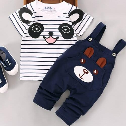 2018 New Summer Baby Boys and Girls' Cotton 100% Striped Short-sleeved Sets Cartoon Puppy straps Childrens Suit Kids 2PCS