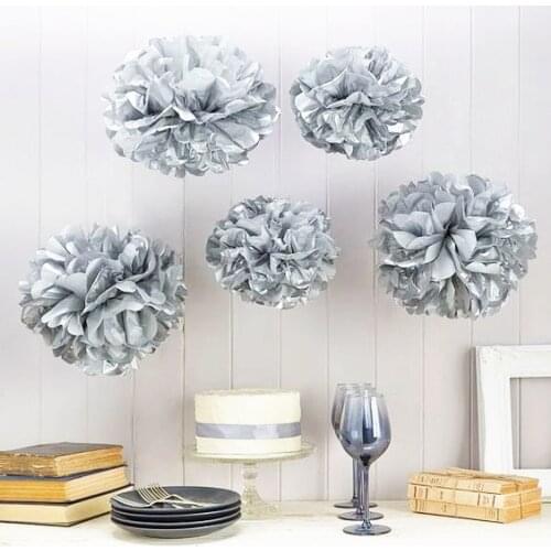 Metallic Silver 9pc Mix 6"/8"/10" Tissue Paper Pom Poms Decorative Flower Balls Hanging Decor Showers Party Birthday Wedding