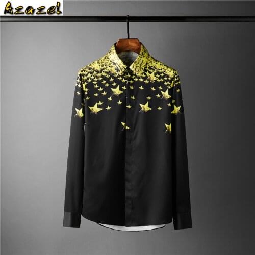 Azazel Black Men Shirt Luxury Starlight Allover Printing Long Sleeve Mens Shirts Slim Casual Shirts Party Nightclub Shirt Man