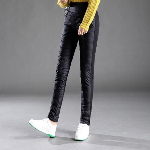 Winter womens down pants outdoor womens White duck down trousers High waist slim Thick Solid color waterproof warm pants 4XL