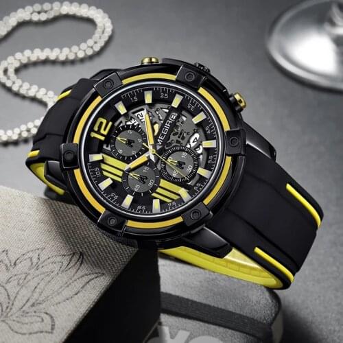 MEGIR Mens Black Silicone Strap Quartz Watches Chronograph Sports Wristwatch for Man Waterproof Luminous Hands Men Watch 2097