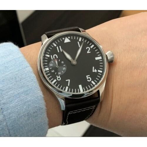 44mm GEERVO black dial Asian 6497 17 jewels Mechanical Hand Wind movement mens watch green luminous Pilot watches gr350-g8