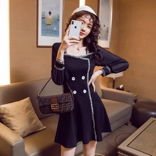 COIGARSAM Patchwork Women one-piece dress korean Chiffon Dresses Black 733