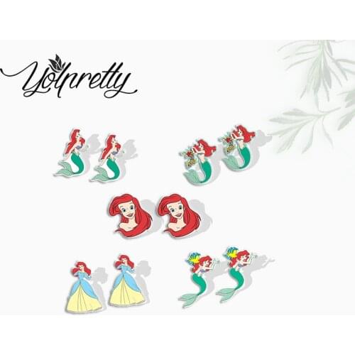 2021 New Ariel Princess Little Mermaid Fairy Stories Epoxy Handcraft Acrylic Stud Earrings for Kids