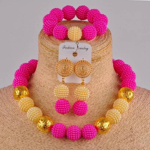 Pretty fuchsia pink and gold simulated pearl bead costume necklace african jewelry set FZZ09-05
