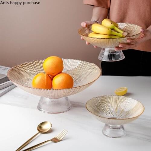 Creative Transparent Striped Glass Fruit Plate Gilded Home Large Snack Candy Storage Tray Coffee Table Living Room Decoration