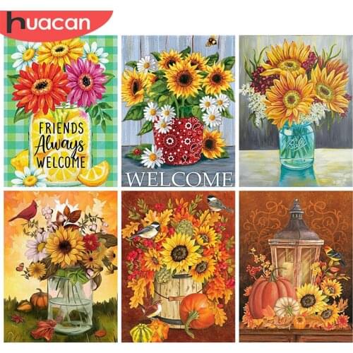 HUACAN 5D DIY Diamond Painting Sunflower Mosaic Vase Full Square/Round Diamond Embroidery Flower Needlework Home Decor