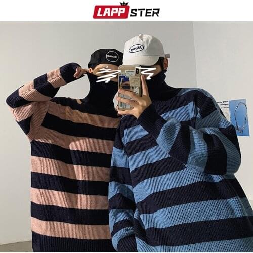 LAPPSTER Men Harajuku Vintage Green Sweater 2021 Mens Korean Clothes Oversized Y2k Sweater Male Striped Pullover Turtleneck 2XL