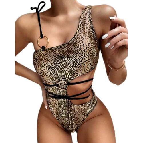 Meihiuda Women Snakeskin Print Bikini One-piece Bathing Suit Summer One Shoulder Ladies Bikini Monokini One Piece Swimwear