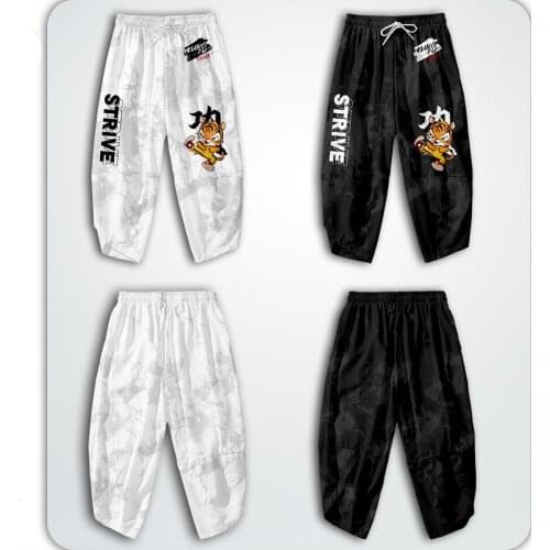 New Summer Mens Tide Brand Kung Fu Tiger Black and White Comfortable Print Thin Low Waist Loose Pants