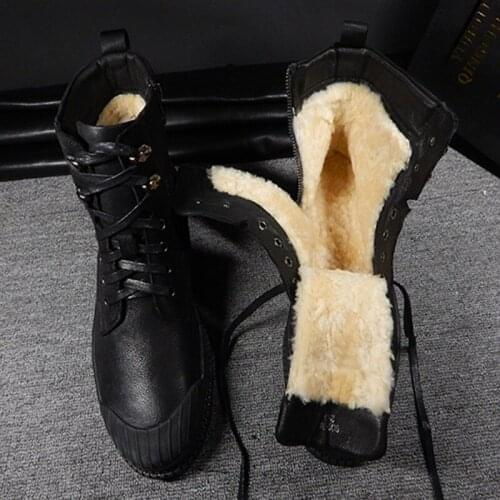 Men Boots Genuine Leather Snow Boots Mens Leather Fur Warm Winter Waterproof Cotton-Padded Wool Non-Slip Martens Boots 37-45