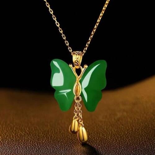 Original new inlaid jade ancient method gold craft inlaid butterfly Hetian jade necklace pendant Chinese style luxury jewelry
