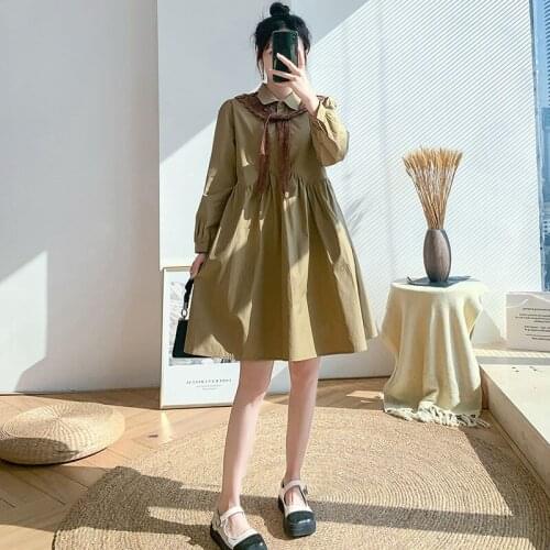 Pregnant Women Autumn Vestidos Fashion Khaki Shirt Dresses 2021 New Korean Loose Large Size Long Sleeve 2 Piece Dress aq665