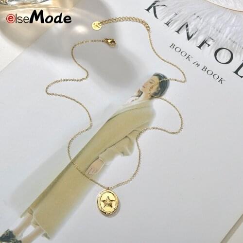 ELSEMODE Stainless Steel Gold Vintage Round Disc Star Pendant Necklace For Women Girls Couple Jewelery Gift